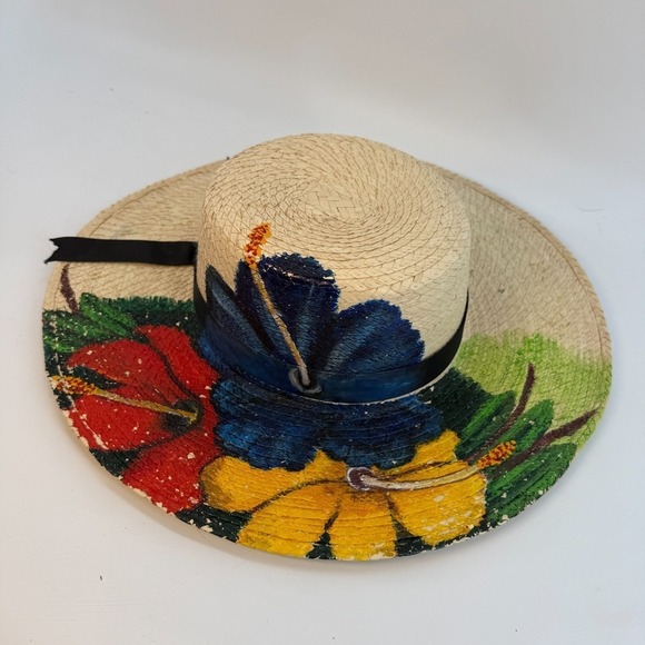 The Unbranded Brand Accessories - BOHO Hand Painted Artesian Signed Lilly Fedora Hat Floral Artsy SZ Large Ribbon